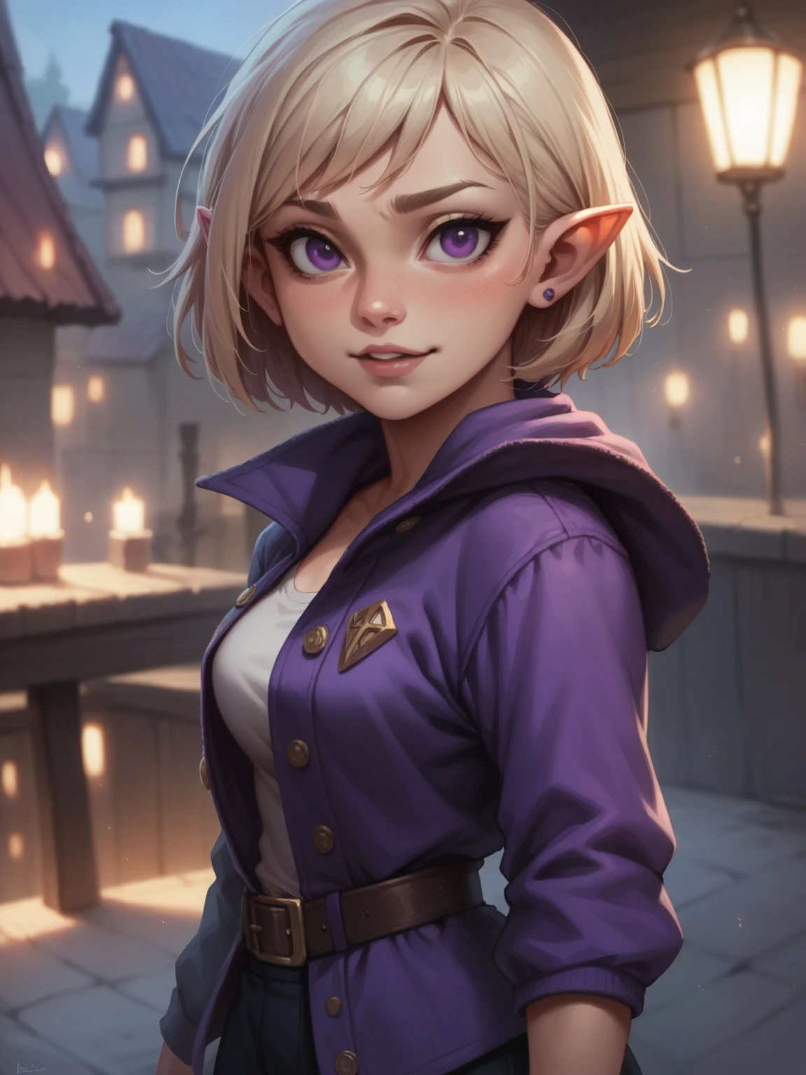 Meet the adorable gnome girl with a fit and toned body, she is not wearing clothes and is naked, she has six-pack abs peeking her short blond hair framing her innocent face and pointed ears and glowing purple eyes