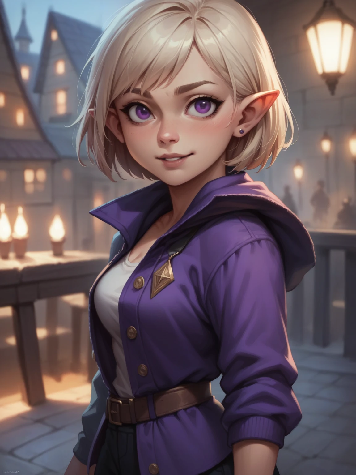 Meet the adorable gnome girl with a fit and toned body, she is not wearing clothes and is naked, she has six-pack abs peeking her short blond hair framing her innocent face and pointed ears  and glowing purple eyes