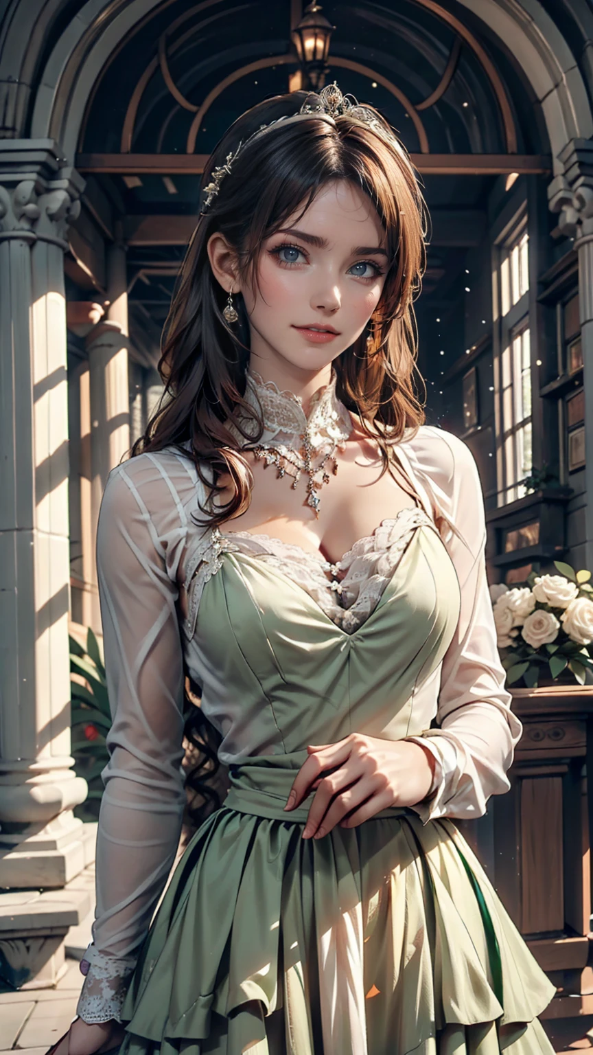 ((high quality work)), The writing is clear and concise, The green dress and the beautiful pleated lace complement each other., Enriching the layered feel of the entire picture, The elegant Edwardian lace dress and princess skirt add a lot of charm to the character., Gesture of turning the back of the hand , It also expresses the gentle and elegant side of women..