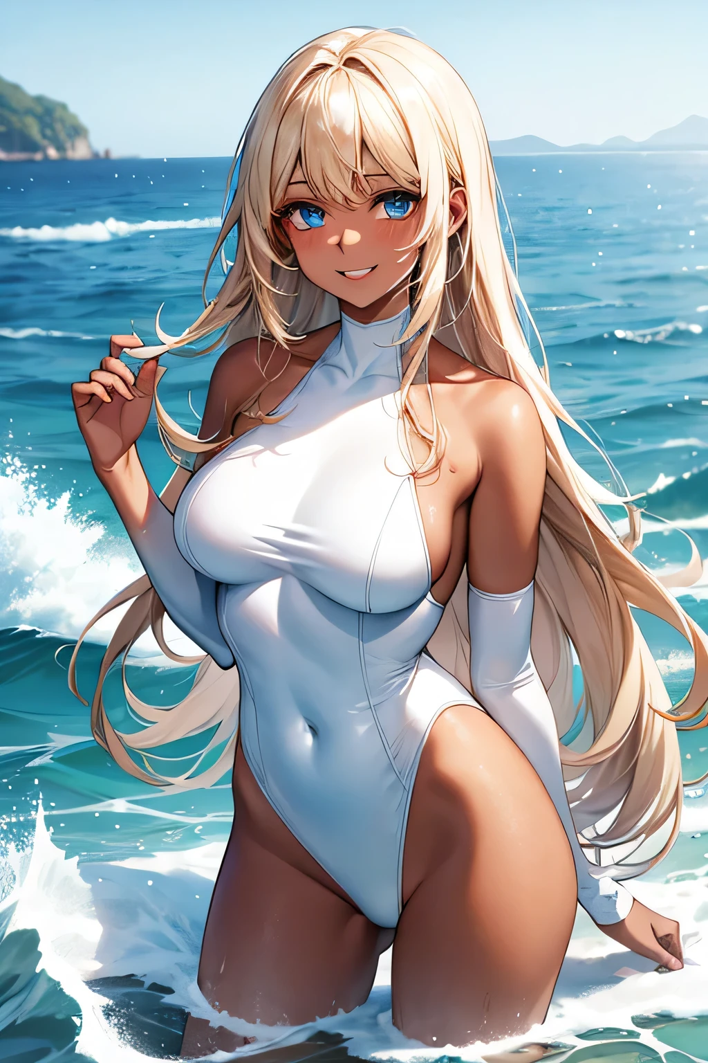 Ocean,Young Woman,The best smile,Blonde,Light blue eyes,The body was covered in a large amount of white foam.,Chocolate brown skin