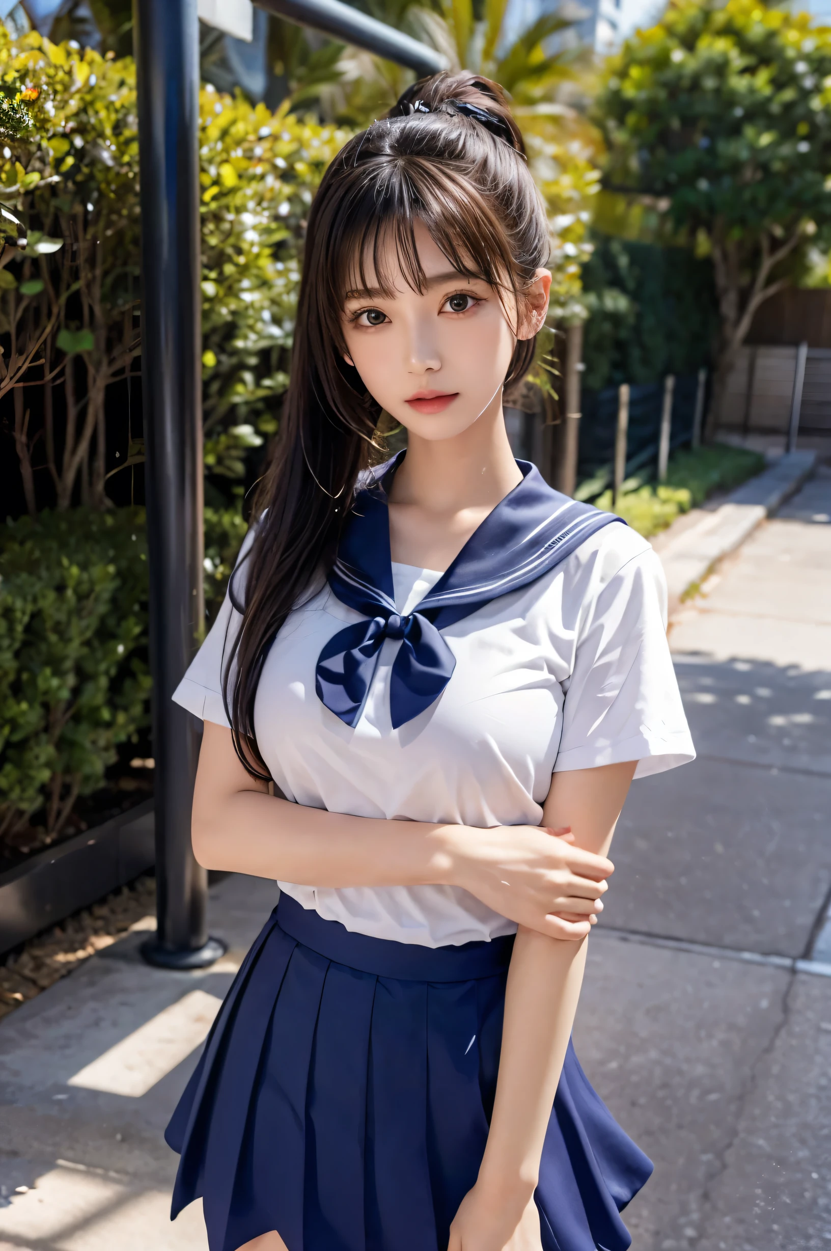 (Ultra HD), (Short sleeve:1.6, Sailor suit, Navy blue mini skirt), Big Breasts, slender, Narrow waist, whole body, Standing posture, (Clean and shiny skin, Whitening, No makeup), (Super slim face, Super beautiful face), (ponytail, Layered Cut, Fluffy hair), (double eyelid, Slanted Eyes), Small Nose, Thin lips, Thin legs, In front of the school gate