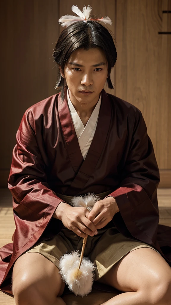"Create an image of Zhuge Liang (Kongming) sitting with a stern expression, holding a feather fan, wearing traditional Chinese robes, with a minimalistic background."