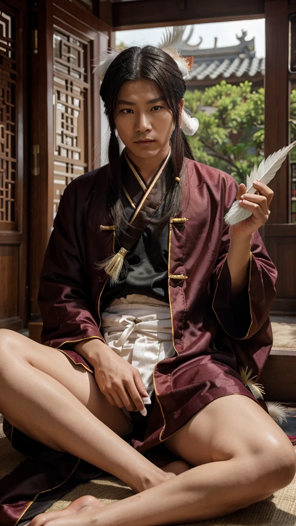 "Create an image of Zhuge Liang (Kongming) sitting with a stern expression, holding a feather fan, wearing traditional Chinese robes, with a minimalistic background."