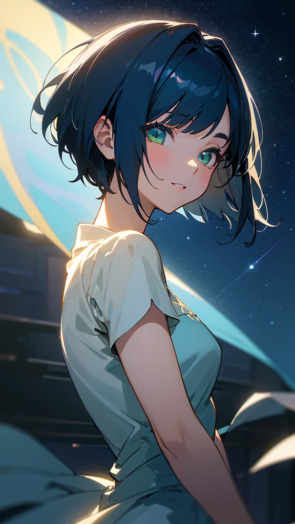 1 girl、masterpiece、Highest quality、detailed、Dark blue hair、Short Bob Cut、Straight hair、Green Eyes、beautiful、Dancer、Starry Sky、night、Anime style painting、Hard Edge、Soft Surface、Grin、Upper body close-up、From the side、Stage lighting、Spot lighting
