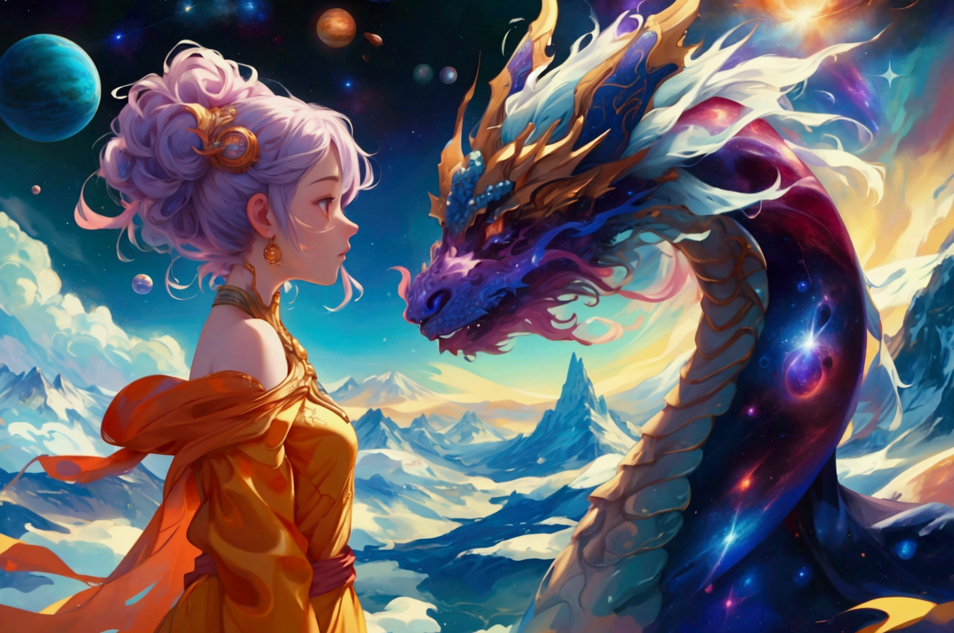 A fantastical space scene with a vibrant galaxy and planets in the background. In place of the large cosmic dragon, a beautiful, cute girl with galaxy-themed hair and clothing, styled to match the scene. The background, including the mountains, water, and celestial bodies, remains exactly the same, preserving the original feel of the image.