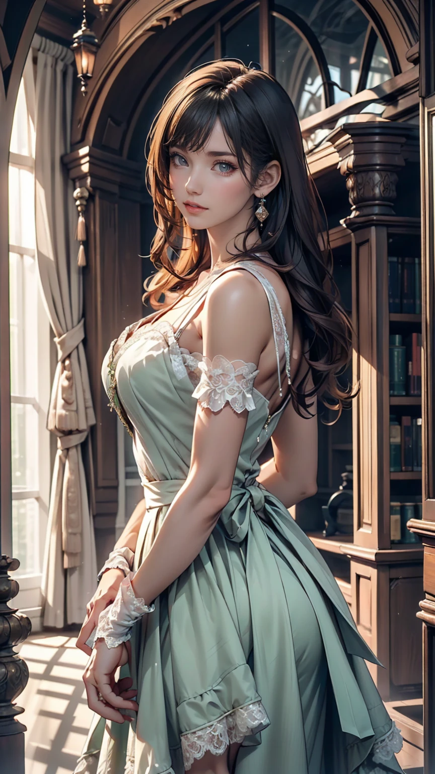 ((high quality work)), The writing is clear and concise, The green dress and the beautiful pleated lace complement each other., Enriching the layered feel of the entire picture, The elegant Edwardian lace dress and princess skirt add a lot of charm to the character., Gesture of turning the back of the hand , It also expresses the gentle and elegant side of women..