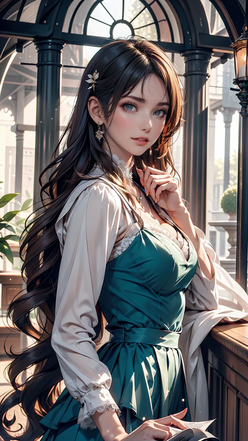 ((high quality work)), The writing is clear and concise, The green dress and the beautiful pleated lace complement each other., Enriching the layered feel of the entire picture, The elegant Edwardian lace dress and princess skirt add a lot of charm to the character., Gesture of turning the back of the hand , It also expresses the gentle and elegant side of women..