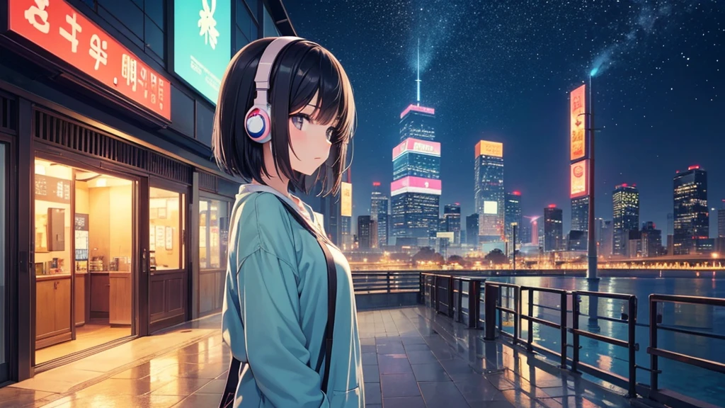 Traveling Inside the Zoo。A young girl with black hair wearing stylish clothes and headphones labeled "Lo-Fi" The girl is shown in profile, gazing into the distance with a calm, relaxed expression Background depicts the iconic scenery of Namba, Osaka at night, without any text on signs A starry night sky adding to the peaceful atmosphere Overall mood is quiet and serene, perfect for Lo-Fi music Detailed hair rendering and careful attention to the girl's fashionable outfit The entire scene should evoke a relaxing, introspective feeling associated with Lo-Fi music