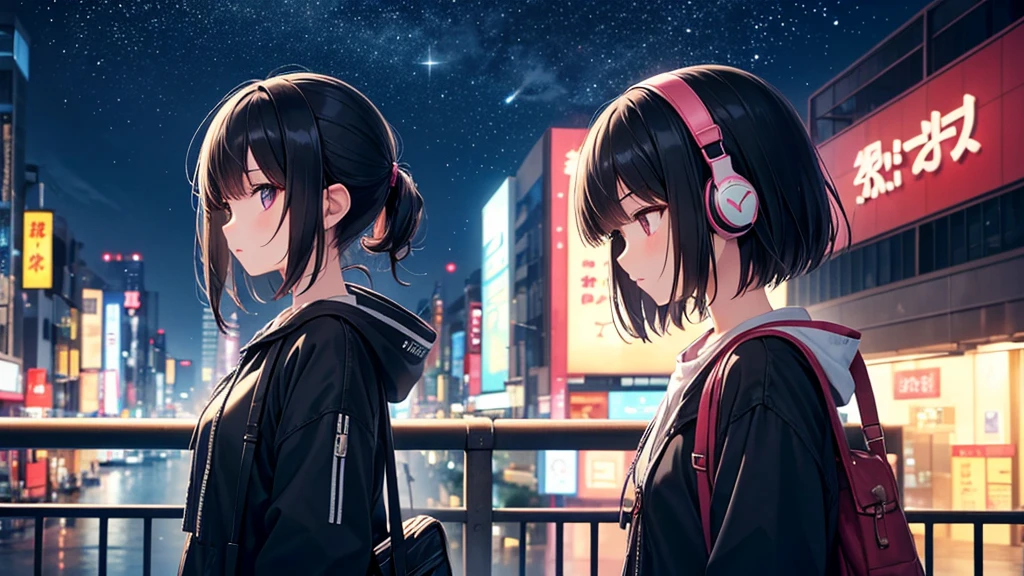 Traveling Inside the Zoo。A young girl with black hair wearing stylish clothes and headphones labeled "Lo-Fi" The girl is shown in profile, gazing into the distance with a calm, relaxed expression Background depicts the iconic scenery of Namba, Osaka at night, without any text on signs A starry night sky adding to the peaceful atmosphere Overall mood is quiet and serene, perfect for Lo-Fi music Detailed hair rendering and careful attention to the girl's fashionable outfit The entire scene should evoke a relaxing, introspective feeling associated with Lo-Fi music