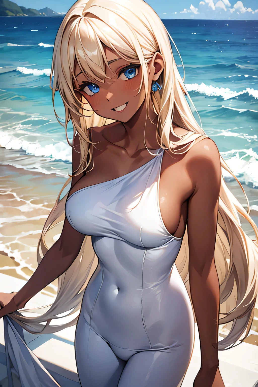 Ocean,Young Woman,The best smile,Blonde,Light blue eyes,The body was covered in a large amount of white foam.,Chocolate brown skin