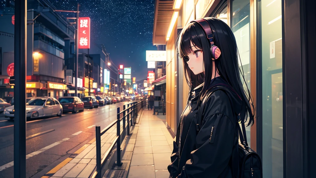 Traveling Inside the Zoo。A young girl with black hair wearing stylish clothes and headphones labeled "Lo-Fi" The girl is shown in profile, gazing into the distance with a calm, relaxed expression Background depicts the iconic scenery of Namba, Osaka at night, without any text on signs A starry night sky adding to the peaceful atmosphere Overall mood is quiet and serene, perfect for Lo-Fi music Detailed hair rendering and careful attention to the girl's fashionable outfit The entire scene should evoke a relaxing, introspective feeling associated with Lo-Fi music