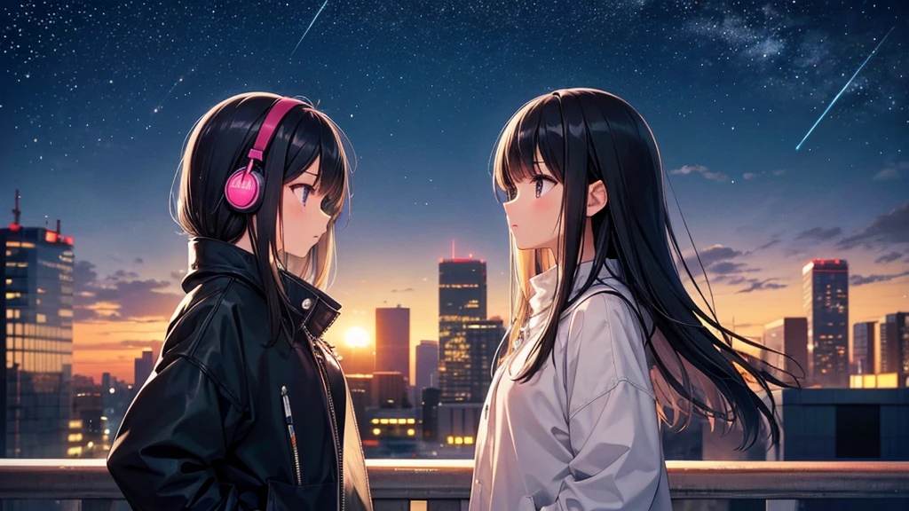 Traveling Inside the Zoo。A young girl with black hair wearing stylish clothes and headphones labeled "Lo-Fi" The girl is shown in profile, gazing into the distance with a calm, relaxed expression Background depicts the iconic scenery of Namba, Osaka at night, without any text on signs A starry night sky adding to the peaceful atmosphere Overall mood is quiet and serene, perfect for Lo-Fi music Detailed hair rendering and careful attention to the girl's fashionable outfit The entire scene should evoke a relaxing, introspective feeling associated with Lo-Fi music