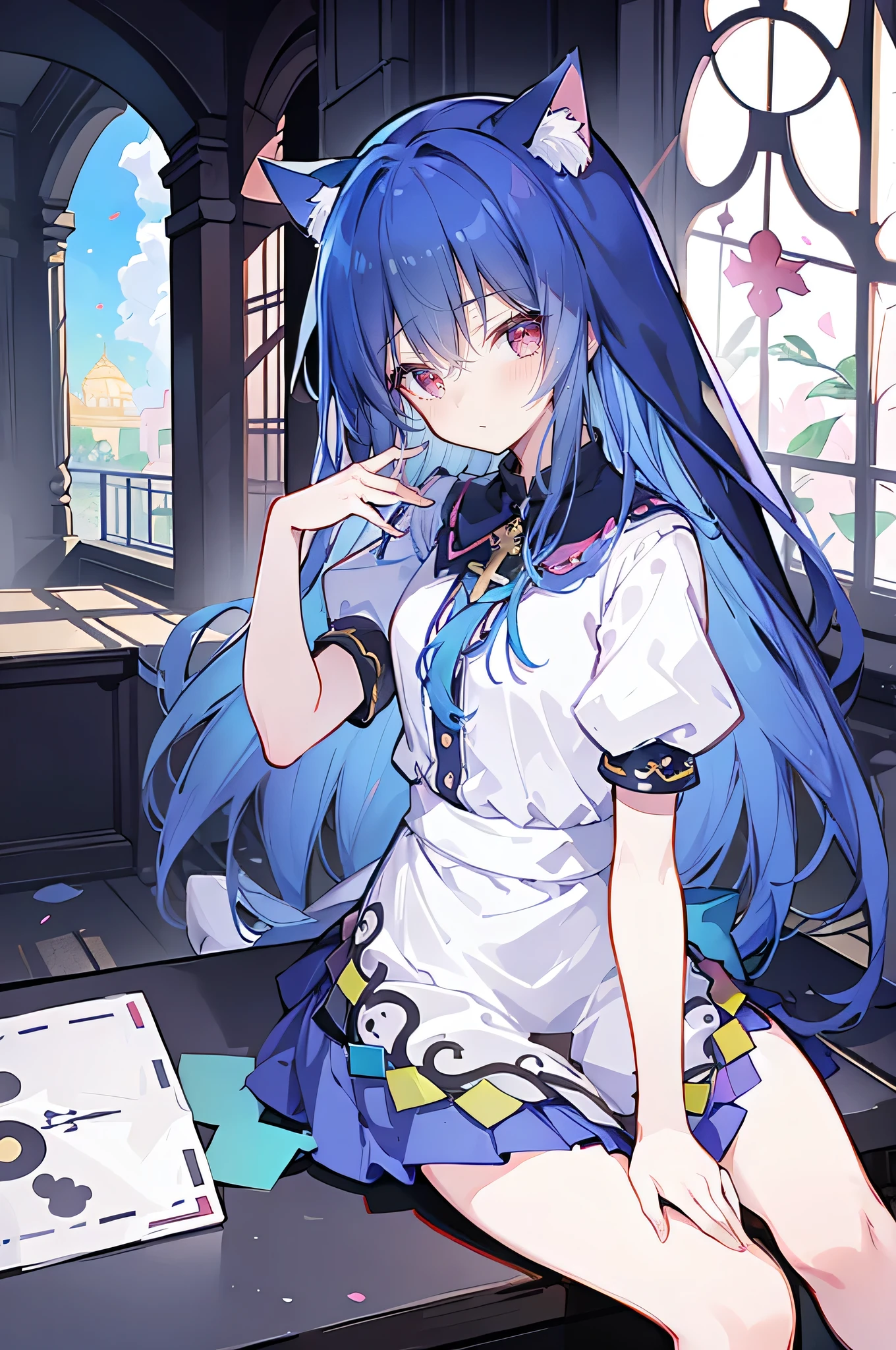 (masterpiece:1.2),Extremely detailed,Practical,expressive eyes,Fair skin,Perfect face shaping,1 Girl,
Japanese cartoons,Gorgeous blue hair, the long flowing blue hair,Floating clothes,Cat ears,Petals fall,beautiful lola,Young Angel,
Place your hands on your waist,sit elegantly on the ground,Cross your legs,Gentle and peaceful background,church,nun，Place your hand on your lips，Shy face。