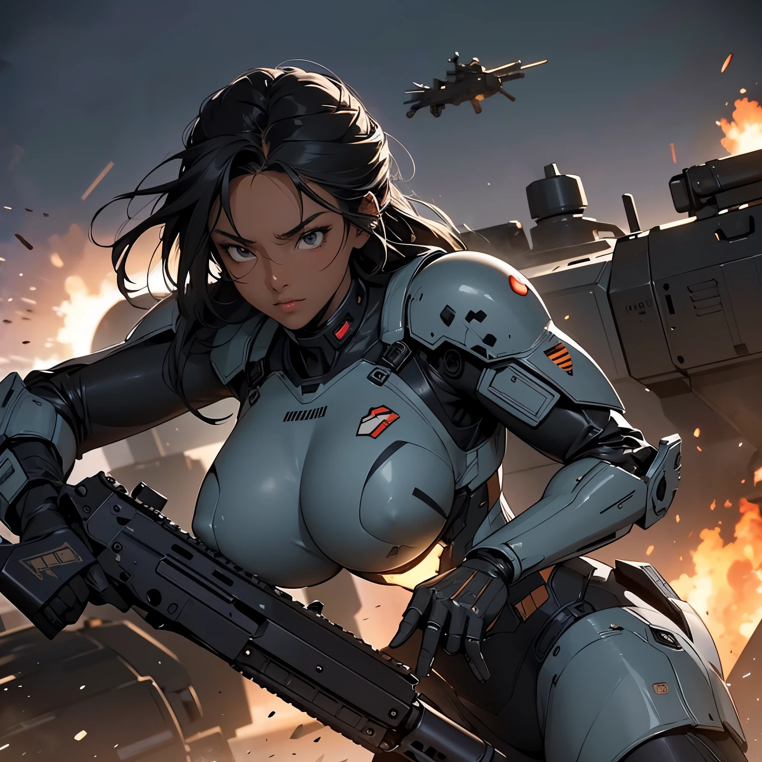 nsfw, anime screencap, 16K, perfect anatomy proportion body, perfect hands, action, A dynamic composition with a sense of speed and movement, (Hold an assault rifle:1.6), a wife, 40age, perfect beautiful delicate sexy face, perfect beautiful delicate eyes, braid-in-braid black hair, (dark skin:1.6), huge breasts, Camouflage colored heavy armor robotic steam engine full armor powered suit, Many robot soldiers having a gunfight in the background, Flying bullets, Desert Battlefield, war, cyber punk,