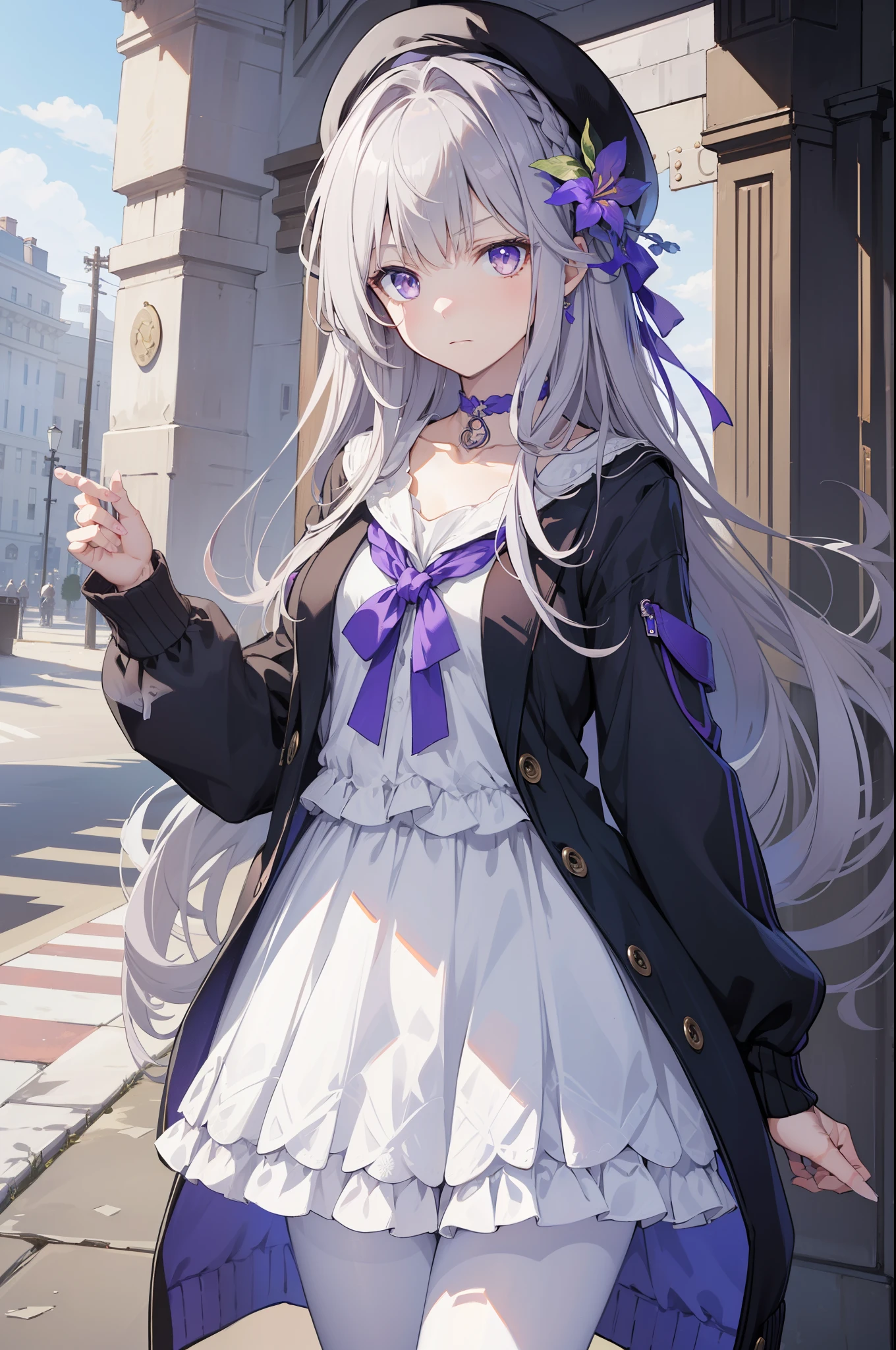 (best quality:1.3), (masterpiece:1.3), (illustration:1.3), (ultra-detailed:1.3), 1girl, herta, (young, short, small breats), (purple eyes), (((white hair))), hair ornaments, tall, mature, long hair, ((casual wear, choker, cardigan, white skirt, modern,)) elegant, city, hair ornament, french braids, nice hands, perfect hands, mature, serious expression, angry expression, beret, white pantyhose, purse, purple flower hair ornament,