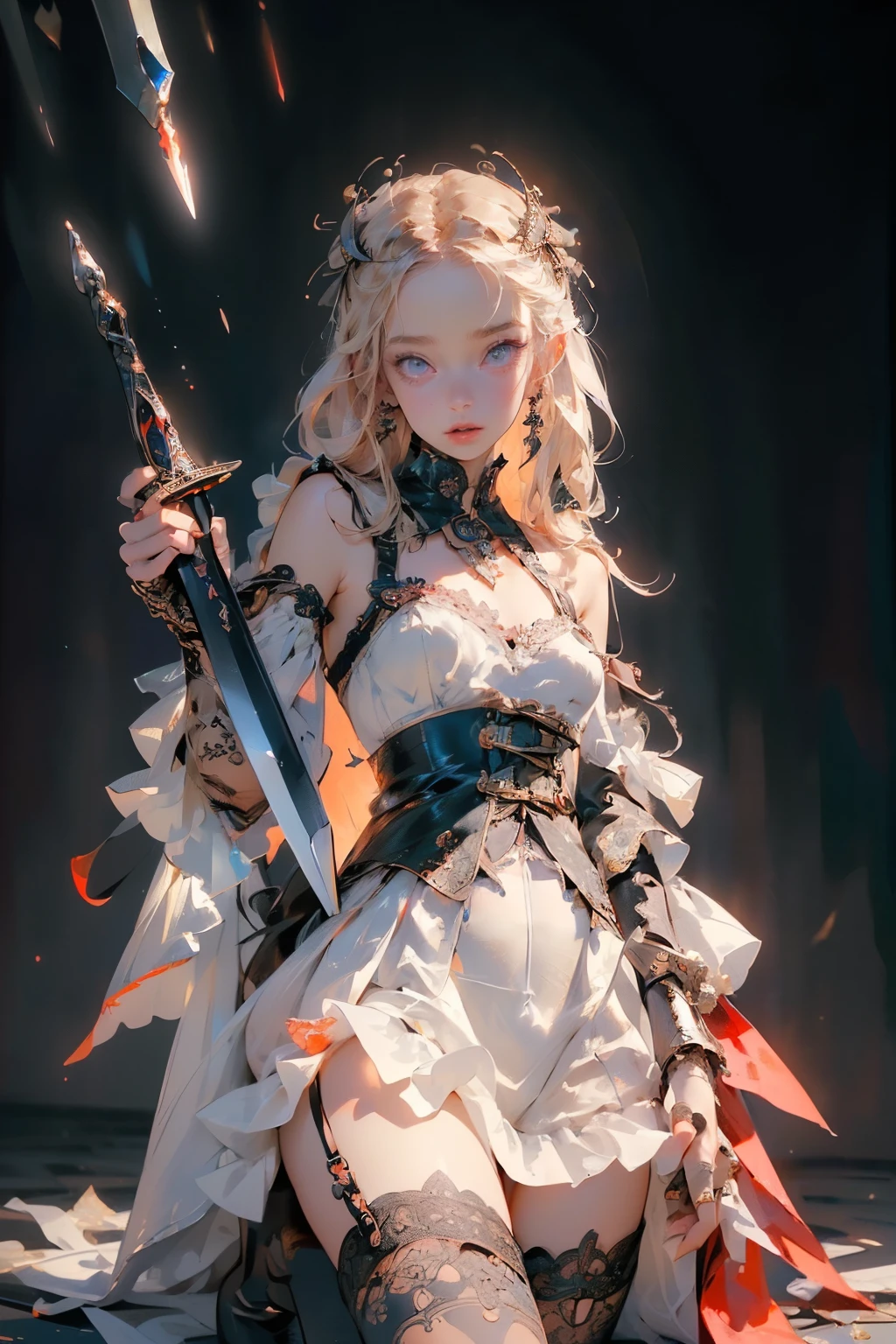 (((masterpiece, of the highest quality, super detailed))), (a female knight of an occult order), ((minimal but intricate beautiful armour)), (((wielding a sword with a digital glitch-like effect to the blade as though it is rapidly flickering in and out of reality with a very slight warping effect around it like gravitational lensing))), Fluttering lace flared dress with frilly petticoats, (((( Highly detailed face))), (((Very sharp focused eyes))), very long eyelashes, small breasts, (((flat chest:1.1))), occult aesthetic, (red and white clothing detailed and intricate steampunk and detailed gothic), (with a hood), complex lace boots