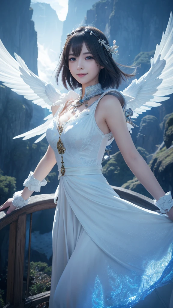 beautiful detailed eyes, beautiful detailed lips, extremely detailed eyes and face, long eyelashes, 1japanese girl, fantasy character, Final Fantasy, yuuna,smile,short hair,elegant white dress,break, blue long skirt,break,magical girl, highly detailed, fantasy landscape, dramatic lighting, glowing effects, mist, intricate details, volumetric lighting, cinematic composition, hyper realistic, 8k, best quality, masterpiece, photorealistic