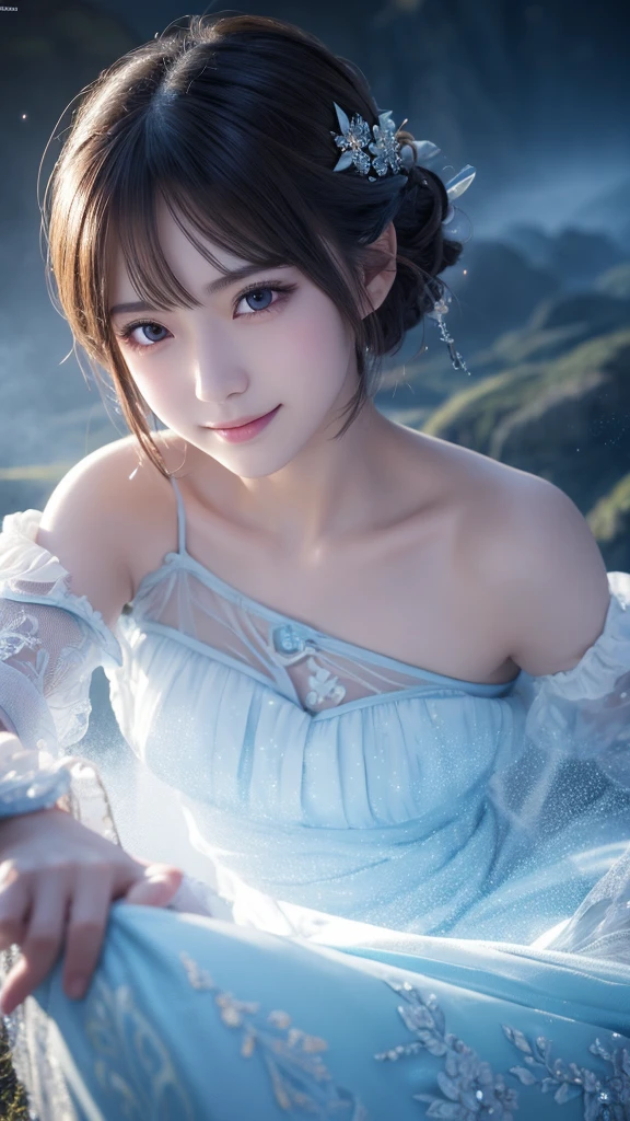 beautiful detailed eyes, beautiful detailed lips, extremely detailed eyes and face, long eyelashes, 1japanese girl, fantasy character, Final Fantasy, yuuna,smile,short hair,elegant white dress,break, blue long skirt,break,magical girl, highly detailed, fantasy landscape, dramatic lighting, glowing effects, mist, intricate details, volumetric lighting, cinematic composition, hyper realistic, 8k, best quality, masterpiece, photorealistic