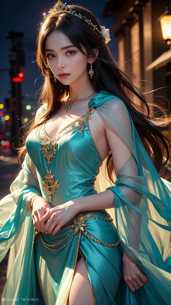 8K ultra hd, masterpiece,1 girl, ((realistic face)), detailed eyes, ((very long hair)), flowing hair, small breasts, royal dress, decorated dress, teal dress, anitque jwellery, detailed lacing, flowing cape, bare navel, moon light, amazing night outdoor, spot lights, glowing lights, depth of field, ray tracing, bloom, realistic shadow, tyndal effect, spreding, lights, looking at the audience, attractive pose,