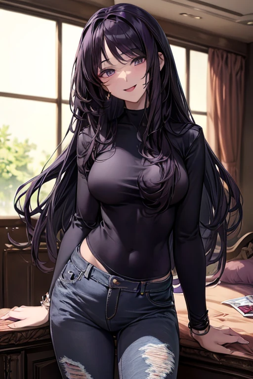 (((red bra))), Very detailed、highest quality、Best image quality、masterpiece、8k、Anime Face、A kind smile、Open Mouth、((black middle hair:1.5))、big breast, sexy、 beautiful body 、Cowboy Shot, Sexual Intercourse, ((purple eyes)), hotel bedroom, ((( Jeans))), 