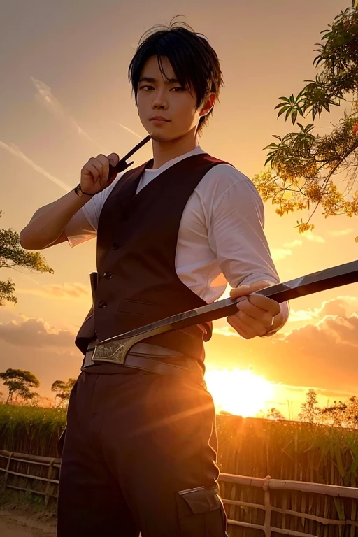 A hot-blooded boy with a strong sense of justice。Holding a Nichirin sword、Rin fighting demons々With a serious expression、In the landscape where the morning sun shines、Show a kind smile。The background is a bamboo forest and sunrise.、A powerful and hopeful atmosphere。