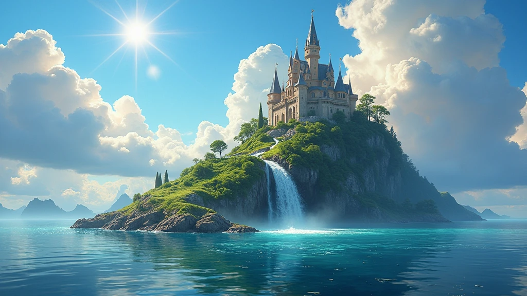 ((masterpiece,Best Quality)), absurd paradise, island IN THE MIDDLE OF THE MAAR, waterfall, clouds ,, ilustrativo de Disney, (Best Quality, 4k, 8k,High resolution,masterpiece:1.2) colors, fantasy elements, magic, colors, Sun rays, gentle breeze. Gran composición con gran detalle y colors, Retailer, cheered up, Disney., view from afar. House not, NOT CASTLE, ONLY SELVA, along with