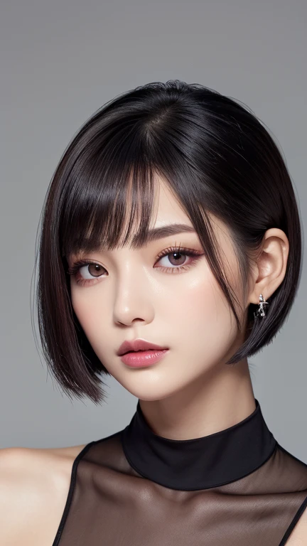 high resolution portrait。With a symmetrical face、Have clear, smooth skin and a radiant complexion。The facial features are well defined、High cheekbones、Straight nose、Characterized by plump lips。The eyes are large and expressive、Have long, thick eyelashes and perfectly groomed eyebrows。The makeup is modern and edgy.、Matte foundation、Berry blush、Strong contouring、metallic eyeshadow、Silver highlights、Wearing dark plum lipstick。Asymmetrical bob cut hairstyle、Wearing a modern ear cuff。The background is simple and elegant.、The focus is on her face.。The lighting is soft and inviting、Enhance her features、It gives an edgy impression.。