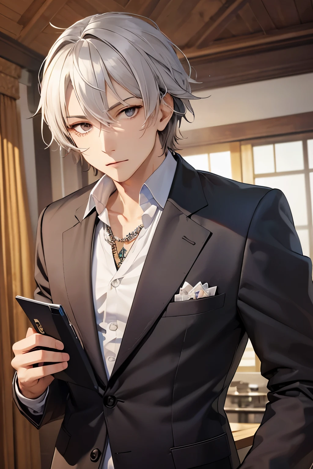 (((masterpiece、Anime Style、high resolution、high quality、Delicate、Ultra-high resolution、８ｋ)))Japanese men、６５age、Gray Hair、elder、Wrinkles、Black suit、WhiteＹshirt、accessories、necklace、Inside the Hotel