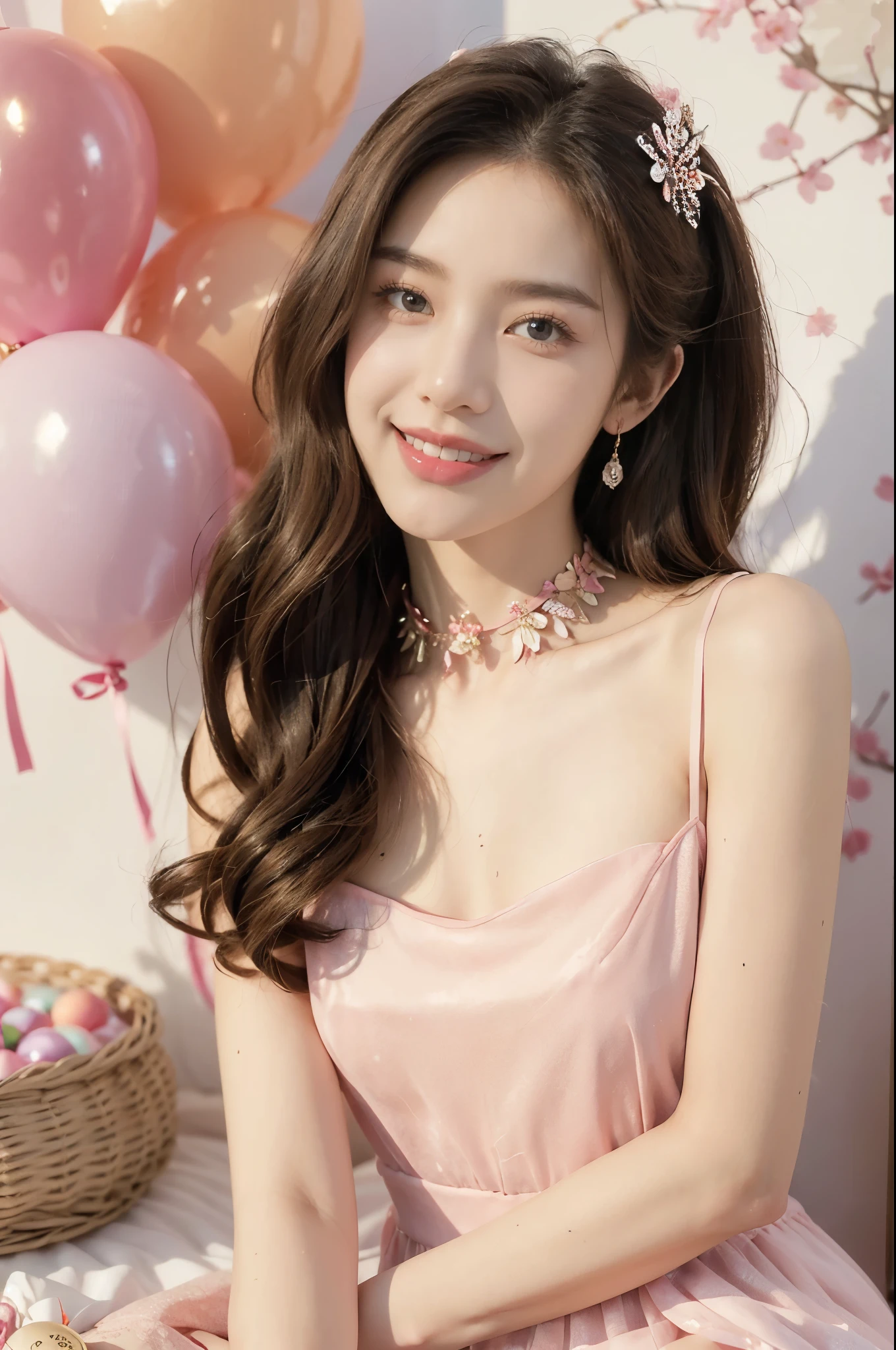 (((best quality))),(((ultra detailed))),(((masterpiece))),illustration,((1girl,solo)),(medium bob:1.2),(blone hair:1.2),((bright eyes,flawless skin)),((slim,thin)),((small breasts,flat chest)),(dog collar with a bell:1.2),(pink floral sheer dress:1.3),(slender legs:1.2),sweetheart neckline,innocent yet alluring,(In a pink princess theme bedroom:1.3),(sitting on colorful gift box:1.3),wonderful expression,big bows,festive atmosphere,balloons and streamers,sunlight streaming in,radiant smile,anticipation,joy and excitement,capturing a moment of pure happiness,((front,upper body))