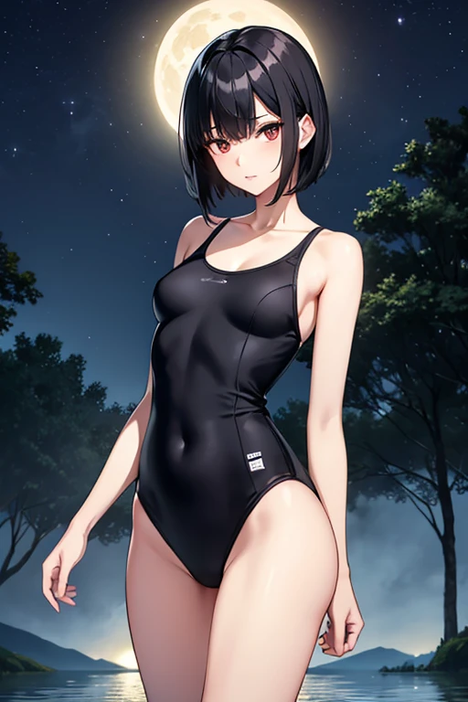 tall Slender beauty Small breasts Very short black hair teacher 30th Generation School Swimsuit Forest lake at night Standing in the lake Moonlight darkness god々Shii