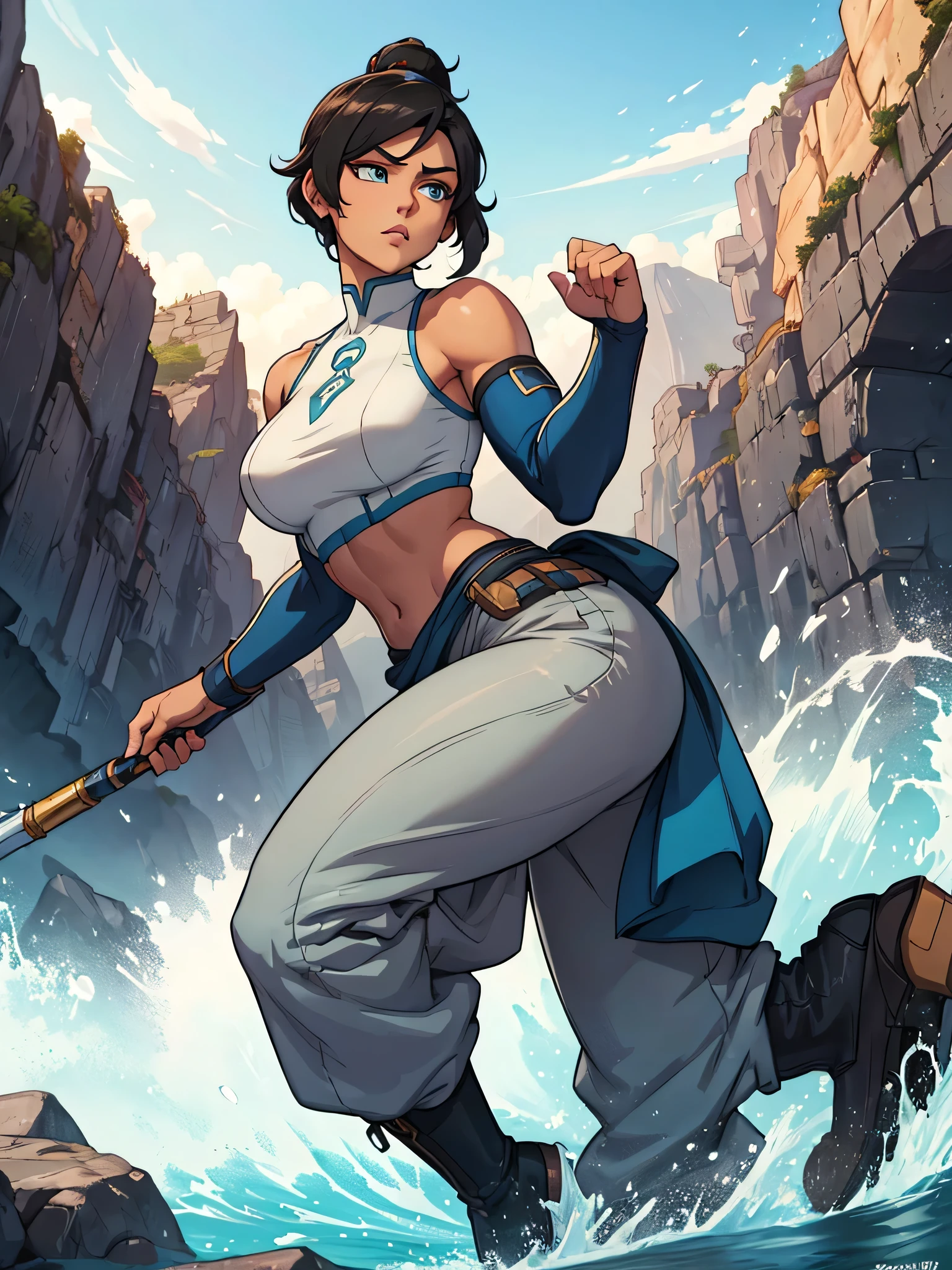 Korra from the legend of korra, beautiful woman with bold features, wearing high neck top, baggy pants, high boots, big blue eyes, gorgeous look, black overhead pony tail hair, realistic, photorealistic, photo-realistic:1.37, best quality,4k,8k,highres,masterpiece:1.2,ultra-detailed,vivid colors,physically-based rendering,extreme detail description,professional