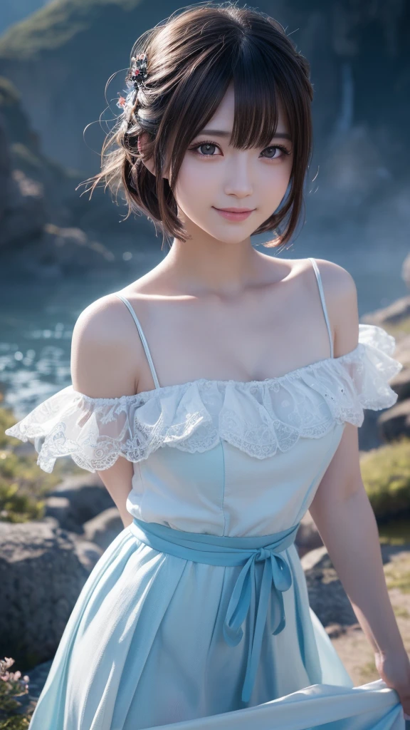 beautiful detailed eyes, droppy eyes,beautiful detailed lips, extremely detailed eyes and face, long eyelashes, 1japanese girl, fantasy character, Final Fantasy, yuuna,smile,short hair,elegant white dress,break, blue long skirt,break,magical girl, highly detailed, fantasy landscape, dramatic lighting, glowing effects, mist, intricate details, volumetric lighting, cinematic composition, hyper realistic, 8k, best quality, masterpiece, photorealistic