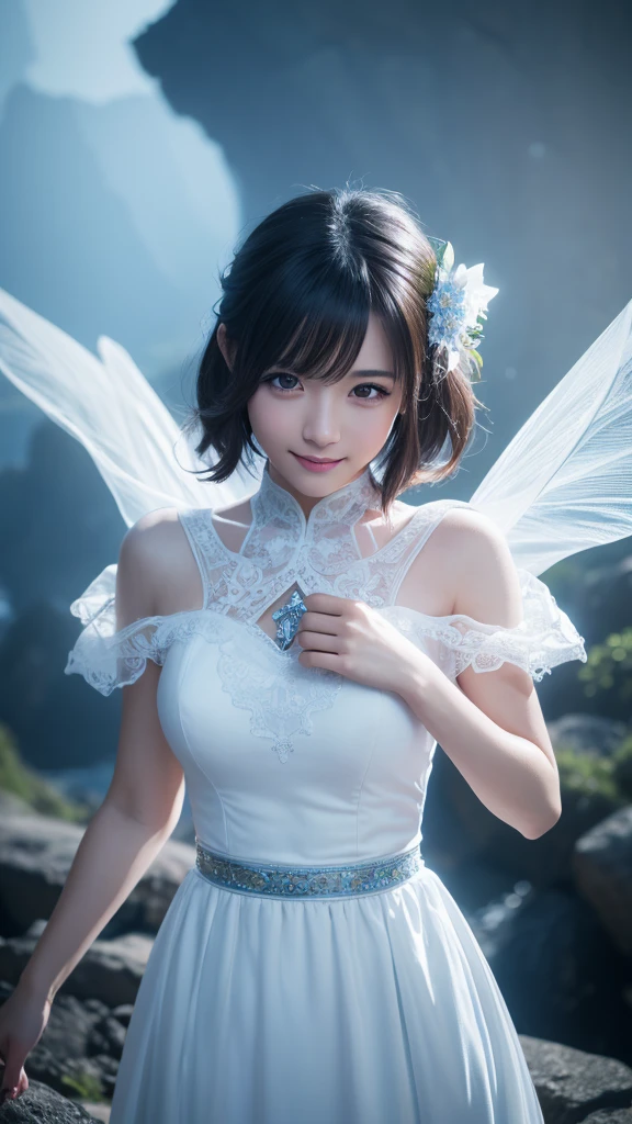 beautiful detailed eyes, droppy eyes,beautiful detailed lips, extremely detailed eyes and face, long eyelashes, 1japanese girl, fantasy character, Final Fantasy, yuuna,smile,short hair,elegant white dress,break, blue long skirt,break,magical girl, highly detailed, fantasy landscape, dramatic lighting, glowing effects, mist, intricate details, volumetric lighting, cinematic composition, hyper realistic, 8k, best quality, masterpiece, photorealistic