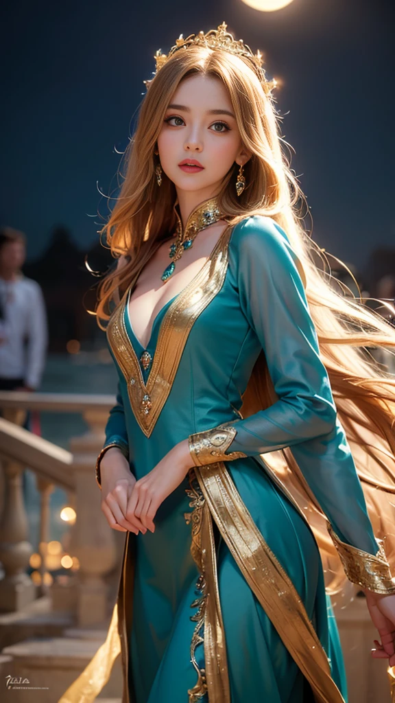 8K ultra hd, masterpiece,1 girl, ((realistic face)), detailed eyes, ((very long hair)), flowing hair, small breasts, royal dress, decorated dress, teal dress, anitque jwellery, detailed lacing, flowing cape, bare navel, moon light, amazing night outdoor, spot lights, glowing lights, depth of field, ray tracing, bloom, realistic shadow, tyndal effect, spreding, lights, looking at the audience, attractive pose,