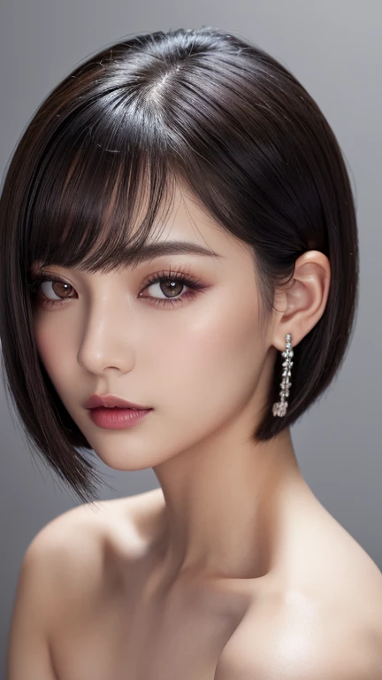 high resolution portrait。With a symmetrical face、Have clear, smooth skin and a radiant complexion。The facial features are well defined、High cheekbones、Straight nose、Characterized by plump lips。The eyes are large and expressive、Have long, thick eyelashes and perfectly groomed eyebrows。The makeup is modern and edgy.、Matte foundation、Berry blush、Strong contouring、metallic eyeshadow、Silver highlights、Wearing dark plum lipstick。Asymmetrical bob cut hairstyle、Wearing a modern ear cuff。The background is simple and elegant.、The focus is on her face.。The lighting is soft and inviting、Enhance her features、It gives an edgy impression.。