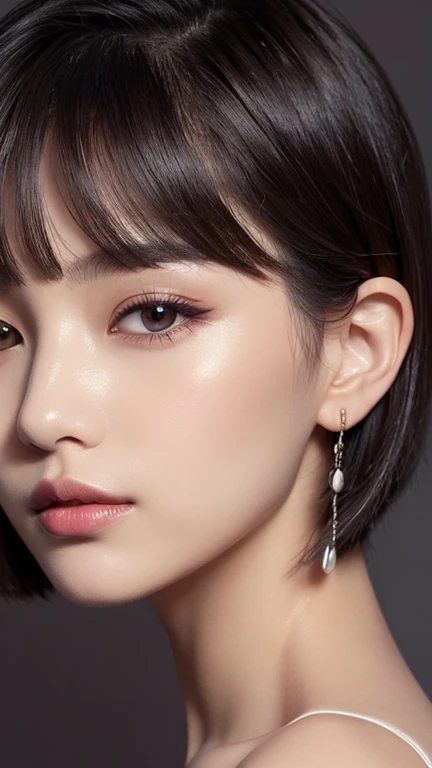 high resolution portrait。With a symmetrical face、Have clear, smooth skin and a radiant complexion。The facial features are well defined、High cheekbones、Straight nose、Characterized by plump lips。The eyes are large and expressive、Have long, thick eyelashes and perfectly groomed eyebrows。The makeup is modern and edgy.、Matte foundation、Berry blush、Strong contouring、metallic eyeshadow、Silver highlights、Wearing dark plum lipstick。Asymmetrical bob cut hairstyle、Wearing a modern ear cuff。The background is simple and elegant.、The focus is on her face.。The lighting is soft and inviting、Enhance her features、It gives an edgy impression.。