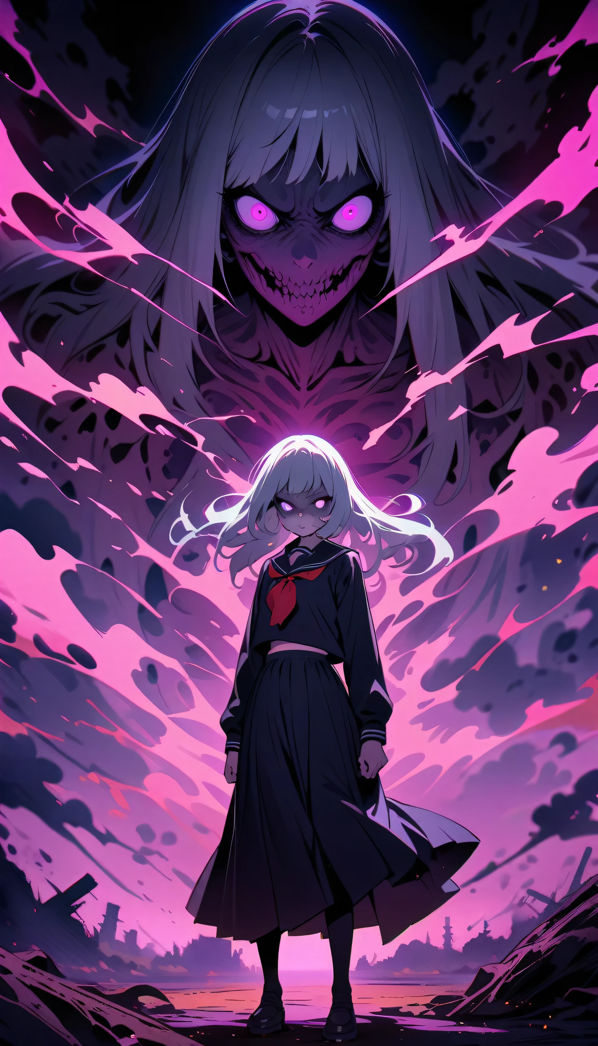 ((best quality)) , ((masterpiece)) , (detailed),anime style illustration of an anime girl with long white hair and purple eyes wearing black school uniform skirt holding katana, in the background there is moonlight sky with neon clouds, colorful light effects, full body shot, epic pose, digital art style,((Horror-themed ， Eerie, unsettling, dark, spooky, suspenseful, grim, highly detailed,ugly face))