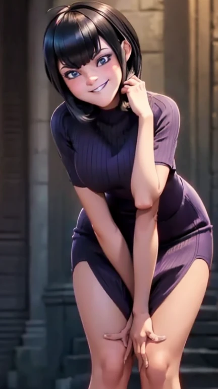 high quality, masterpiece, best quality, tmavis, 1girl, mature woman, forced smile, standing, blush, half-closed eyes, smile, empty eyes/no highlights (Leaning forward:1.5), Arms Down, ((Perfect Anatomy, beautifull detailed face, Beautiful detailed eyes, beautiful detailed hair, Beautiful detailed body)), thick outline, Beautiful outlines, black outlines