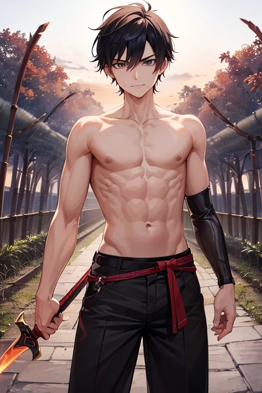 A hot-blooded boy with a strong sense of justice。Holding a Nichirin sword、Rin fighting demons々With a serious expression、In the landscape where the morning sun shines、Show a kind smile。The background is a bamboo forest and sunrise.、A powerful and hopeful atmosphere。