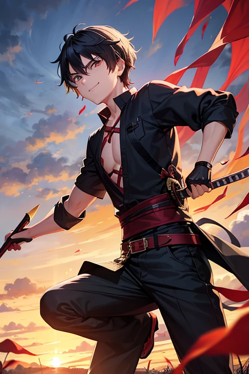 A hot-blooded boy with a strong sense of justice。Holding a Nichirin sword、Rin fighting demons々With a serious expression、In the landscape where the morning sun shines、Show a kind smile。The background is a bamboo forest and sunrise.、A powerful and hopeful atmosphere。