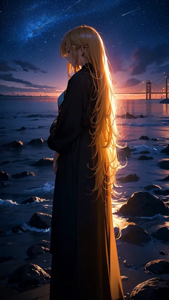 1people々々々,Blonde long-haired woman,Long coat, Dress Silhouette, Rear View,Space Sky, The boundary between sea and space,