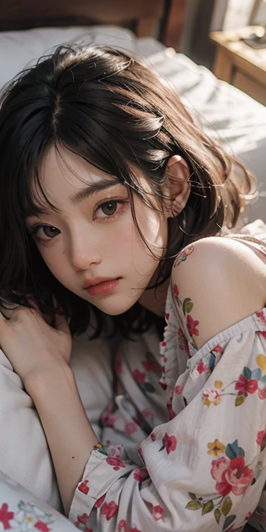 Cute girl lying face down on the bed and looking at you, 22 years old, Realistic, She wears a short, She is wearing floral pajamas, short hair.Shoulder Bare