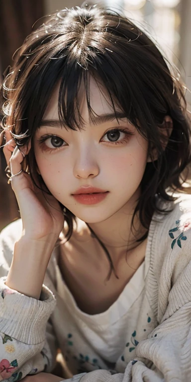 Cute girl lying face down on the bed and looking at you, 22 years old, Realistic, She wears a short, She is wearing floral pajamas, short hair.Shoulder Bare