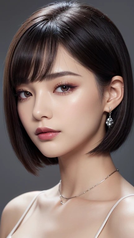 high resolution portrait。With a symmetrical face、Have clear, smooth skin and a radiant complexion。The facial features are well defined、High cheekbones、Straight nose、Characterized by plump lips。The eyes are large and expressive、Have long, thick eyelashes and perfectly groomed eyebrows。The makeup is modern and edgy.、Matte foundation、Berry blush、Strong contouring、metallic eyeshadow、Silver highlights、Wearing dark plum lipstick。Asymmetrical bob cut hairstyle、Wearing a modern ear cuff。The background is simple and elegant.、The focus is on her face.。The lighting is soft and inviting、Enhance her features、It gives an edgy impression.。