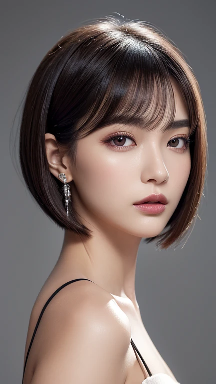 high resolution portrait。With a symmetrical face、Have clear, smooth skin and a radiant complexion。The facial features are well defined、High cheekbones、Straight nose、Characterized by plump lips。The eyes are large and expressive、Have long, thick eyelashes and perfectly groomed eyebrows。The makeup is modern and edgy.、Matte foundation、Berry blush、Strong contouring、metallic eyeshadow、Silver highlights、Wearing dark plum lipstick。Asymmetrical bob cut hairstyle、Wearing a modern ear cuff。The background is simple and elegant.、The focus is on her face.。The lighting is soft and inviting、Enhance her features、It gives an edgy impression.。