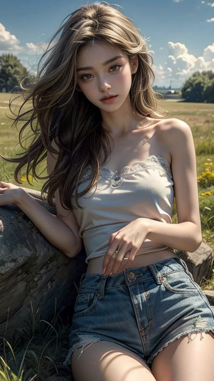 (masterpiece: 1.2, Portraiture, Highest quality), Realistic, (Live Action, Intricate details, Written boundary depth), Highest quality, masterpiece, Attention to detail, semi-Realistic, Sleeping on the grass, shy, 21 years old, Short blonde, blue eyes, blonde、 Slim figure、Shoulder Bare、Shorts 、Blue sky and a few clouds、Rolling on the lawn