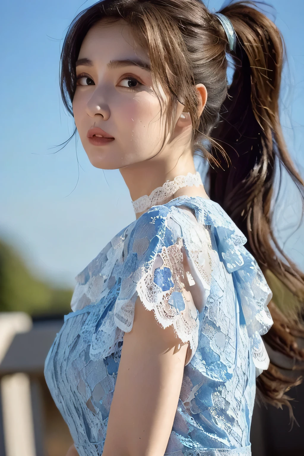 ((Highest quality, 8k, masterpiece: 1.3)), sharp: 1.2, Perfect Body Beauty: 1.6, ((Layered Hairstyles, Small breasts: 1.5)), (blue sky: 2.0), (light blue lace dress: 2.0, A dress that covers the chest: 2.0), ((long hair: 2.0)), ((necklace)), Earrings, ring, Bracelet, Hair Accessories, ((Beautiful young ager woman)), ((Straight nose)), (Eyeliner), Armpit Hair, Bristles, ((White and beautiful skin)), Wavy Hair, Beautiful attention to detail, Super detailed, Highly detailed face and skin texture, fine grain, double eyelid, Black Hair, Big Ass, Lower Body, Thighs, (((Skinny))), Wet and shiny lips, (smile: 0.5), Get a grip on your body, ((Anatomically correct human body)), ((Crisp body shape)), Ribs, clavicle, Protruding skeleton, A face without nasolabial folds, Shyness, Thin eyebrows, Big eyes, (shoot from side: 1.0), (Narrow shoulders: 2.0), (Serious face: 1.0), Corset-like dress, White skin