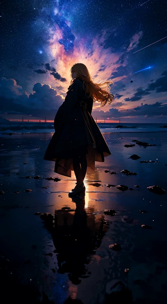 1people々々々,Blonde long-haired woman,Long coat, Dress Silhouette, Rear View,Raise your hand to grab something,Space Sky, The boundary between sea and space,