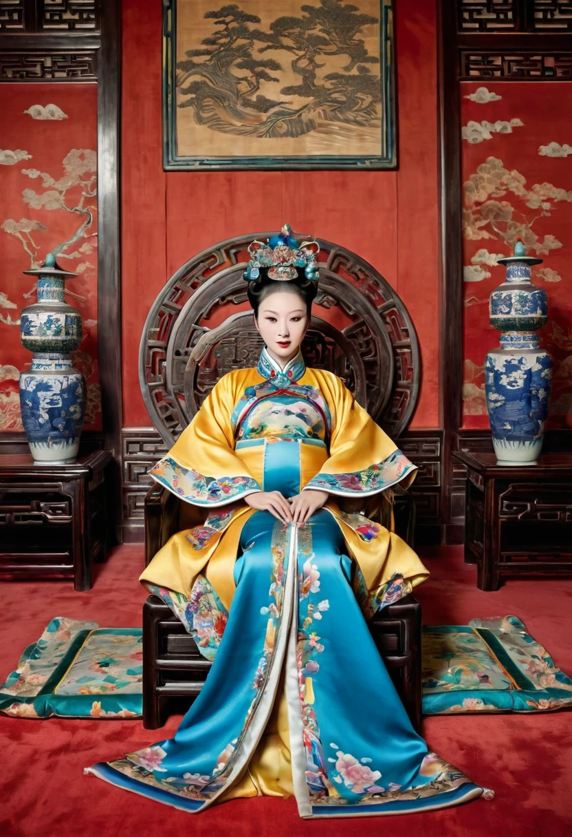 Empress of the Chinese court during the Qing Dynasty She sits naked on a chair with her legs wide open and her knees bent to form an M-shape (pornographic pose).Her hair is held in both hands in the palace.She wears a luxurious Chinese empress's crown and her hair is tied up. The background of the perverted erotic woman shown above is inside the empress's luxurious room in the Chinese palace of the Qing Dynasty.