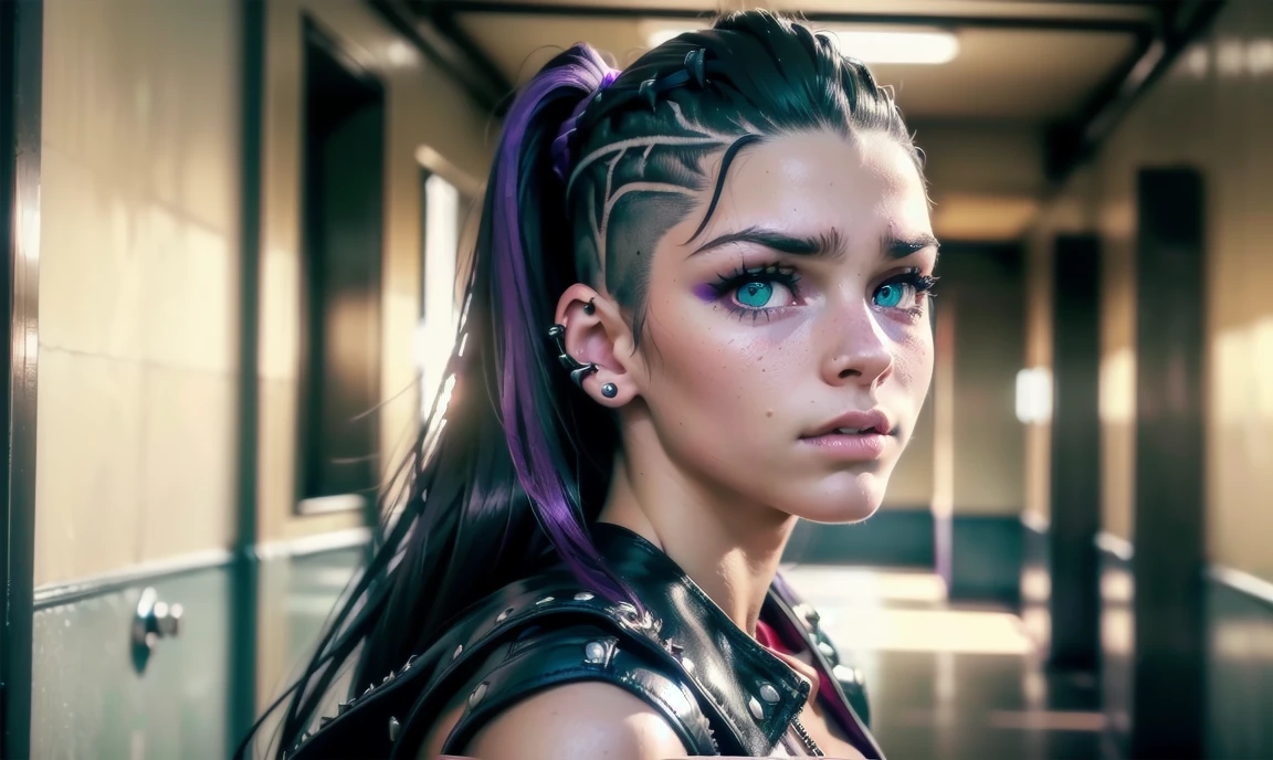 "((highly detailed, detailed eyes, detailed face, clear and realistic facial features, photorealistic, realistic light; cinematic)), (1 woman), ((((school hallway background)))), (((gorgeous athletic punk tough bully female))), ((18-year-old age female)), ((((glaring smug expression)))), ((threatening intimidating mood)), ((blue-green eyes)), ((long black hair with an undercut)), (((dressed in red and leather))), ((purple tint in hair)), ((blocking your path/standing in your way))."